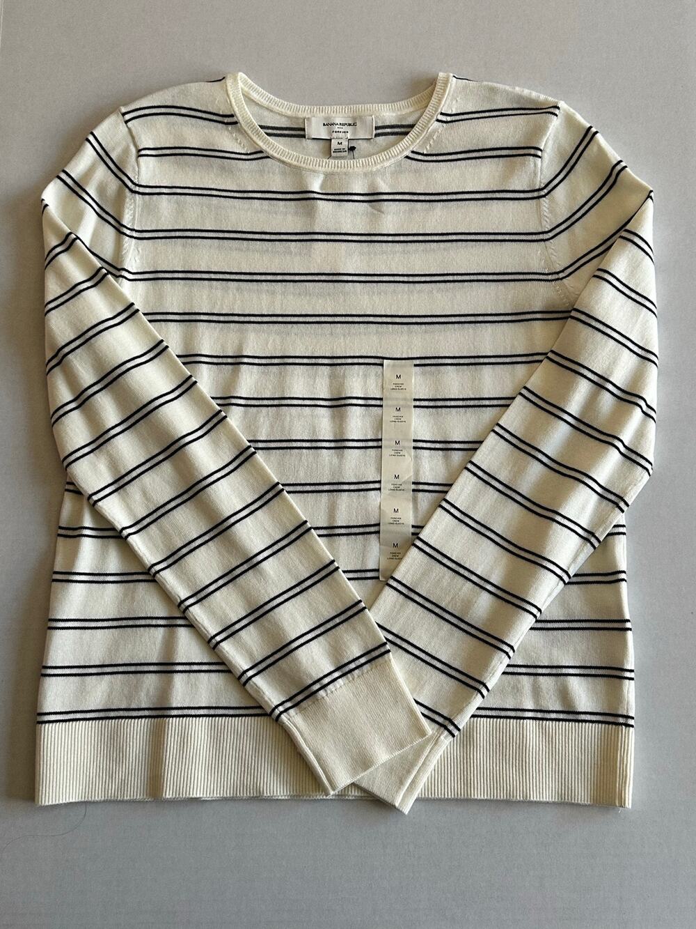 Banana Republic Women’s White Striped Forever C-Neck Sweater Size Medium NWT